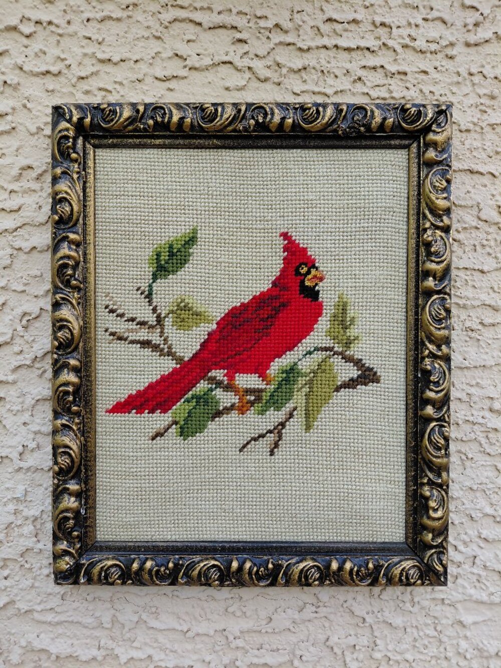Vintage Framed Needlepoint Red Cardinal Bird